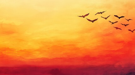 Fototapeta premium Birds Flying Silhouettes Against a Vibrant Orange Sunset Sky Background