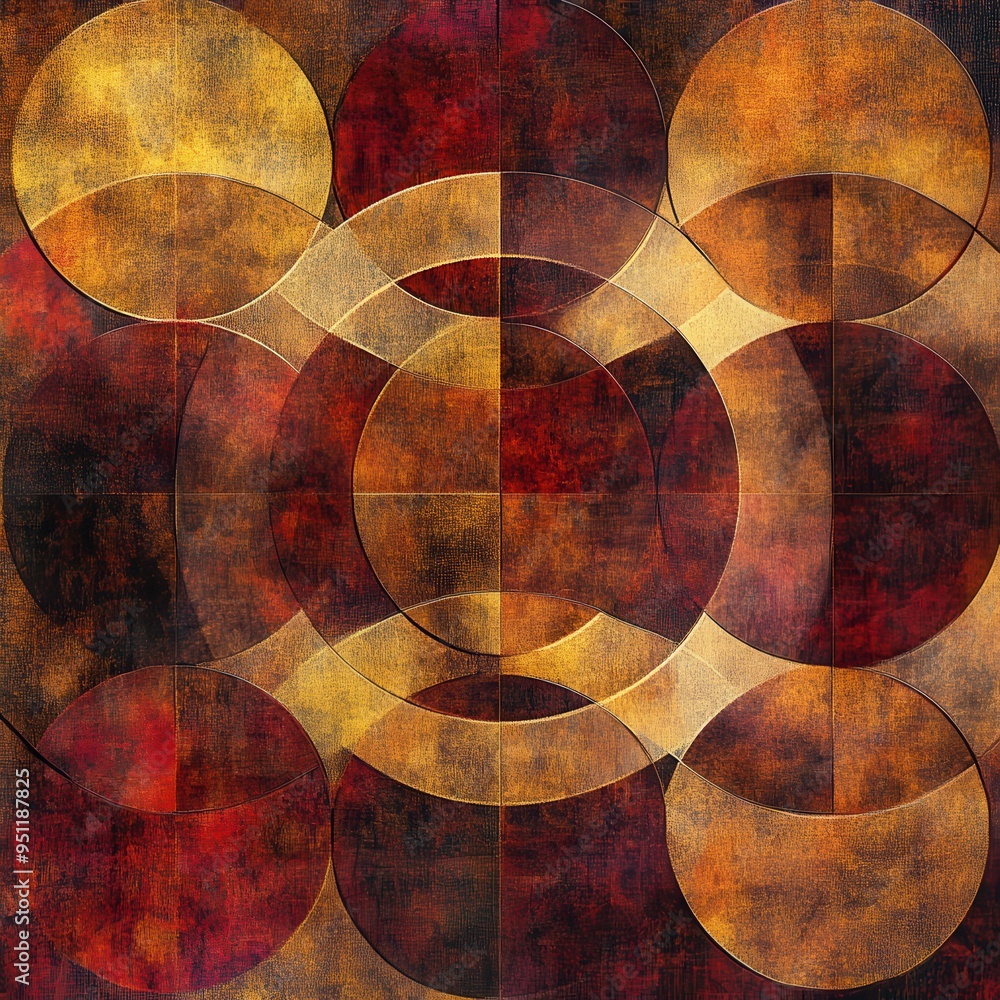 Poster abstract geometric background with red and gold circles and overlapping textures.