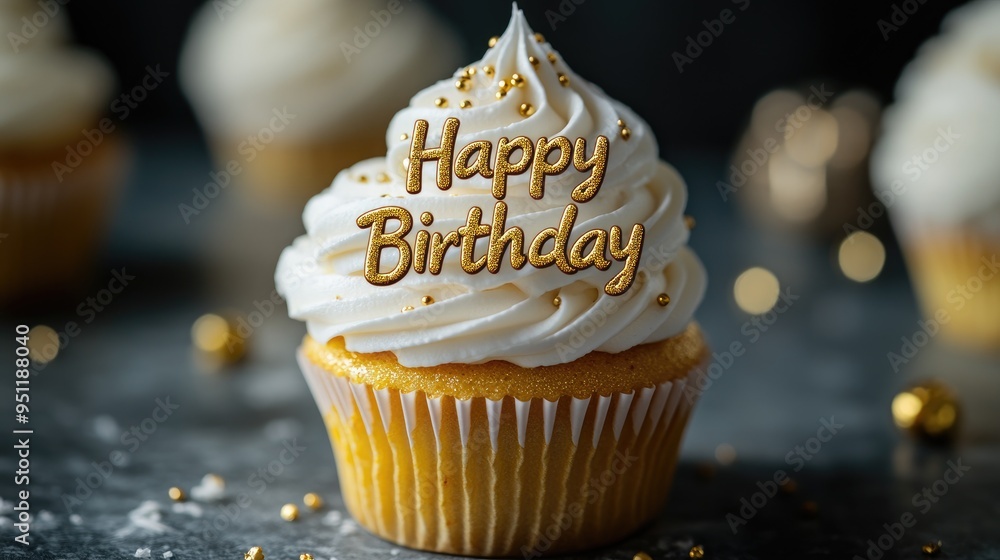 Poster a gold frosted cupcake with 