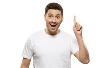 Young man in white t-shirt pointing up with his finger feeling excited with open mouth, showing benefit of commercial offer
