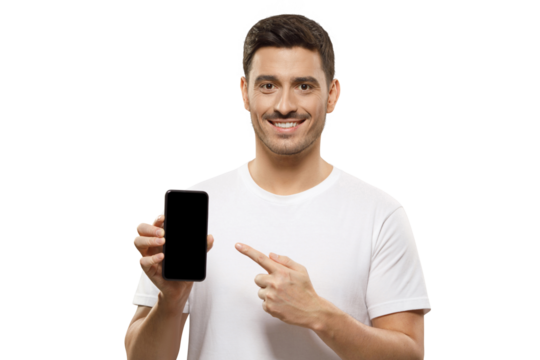 Young handsome man in white t-shirt holding phone, pointing to blank screen with finger, recommending mobile app - Powered by Adobe
