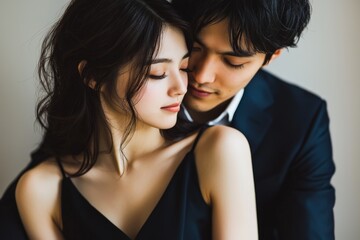 an elegant japanese couple sitting close together in love