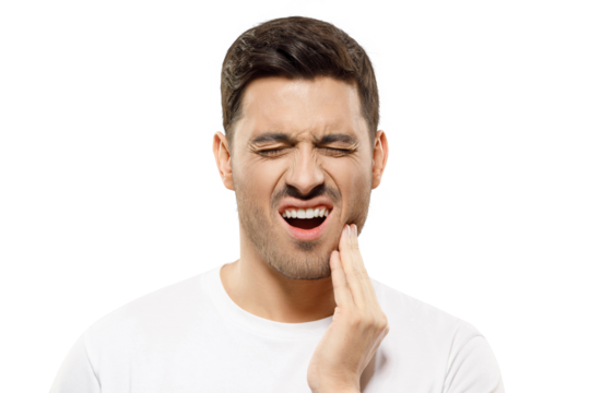 Toothache concept. Young man touching his chin and closing eyes with expression of suffer from tooth ache