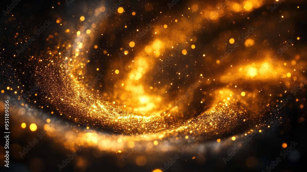 Poster a golden sparkle swirl on a black background with ample copy space for a personalized message.