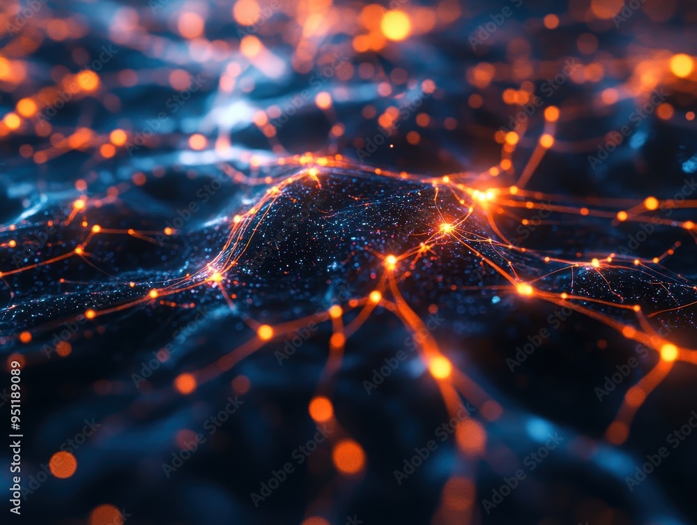Poster abstract network connection - glowing orange lines and nodes on dark blue background