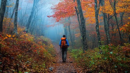 Fototapeta premium Autumn Hiker Journeying Through Vibrant Woodland Wonderland