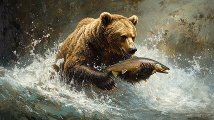 Obraz premium A grizzly bear fishing for salmon in a rushing river, with water splashing around, ideal for themes of wildlife in action with ample copy space.