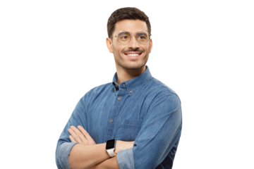 Handsome businessman in casual blue denim shirt, wearing glasses, holding arms crossed, looking away