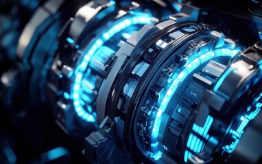 Abstract Futuristic Glowing Blue Machine Cogs and Gears 3D Render.