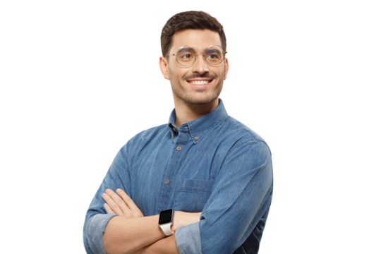 Handsome businessman in casual blue denim shirt, wearing glasses, holding arms crossed, looking away