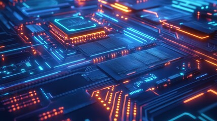 Obraz premium Abstract Futuristic Circuit Board with Blue and Orange Neon Lights - Technology Background