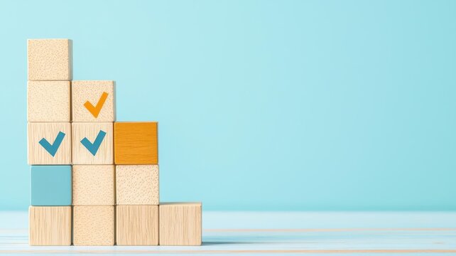 Wooden blocks with smart KPIs arranged in a puzzle-like fashion, symbolizing the integration of various metrics, KPI puzzle blocks, strategic alignment