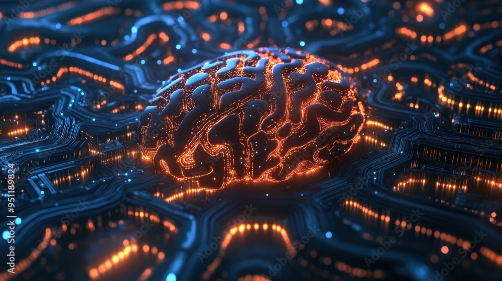 Poster glowing human brain circuitry abstract background - ai, machine learning, and neural network concept