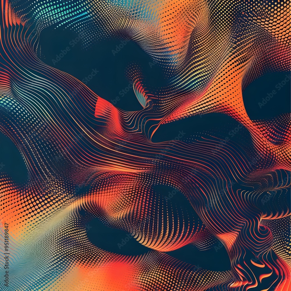Poster an abstract artwork featuring dynamic flowing lines in a mix of red, blue, orange, and black, creati