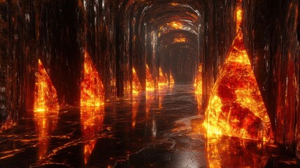 Fototapeta premium Surreal Fire Corridor with Lava Reflections - Abstract Fantasy Concept.