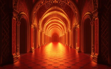 Obraz premium Golden Arches and Red Tile Floor in a Grand Hallway 3D Illustration.