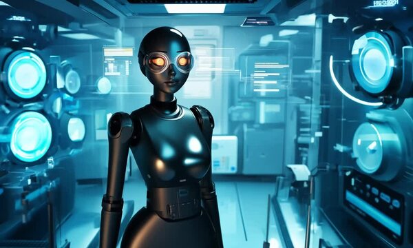 Female AI robot talks, looks at camera. Realistic 3D computer generated humanoid cyborg in futuristic metaverse cyberspace. Innovative future technology with artificial intelligence. Chatbot program