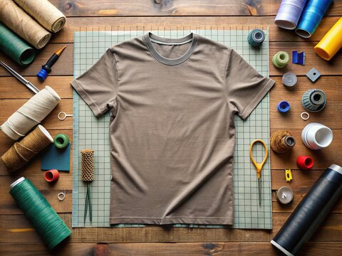 A blank, unfolded oversized t-shirt lying on a worktable surrounded by design tools, threads, and fabrics, awaiting customization and transformation into a unique garment.