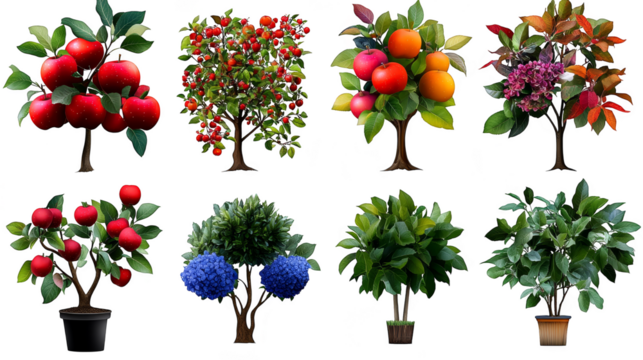 Collection of various trees and plants in pots isolated transparent background