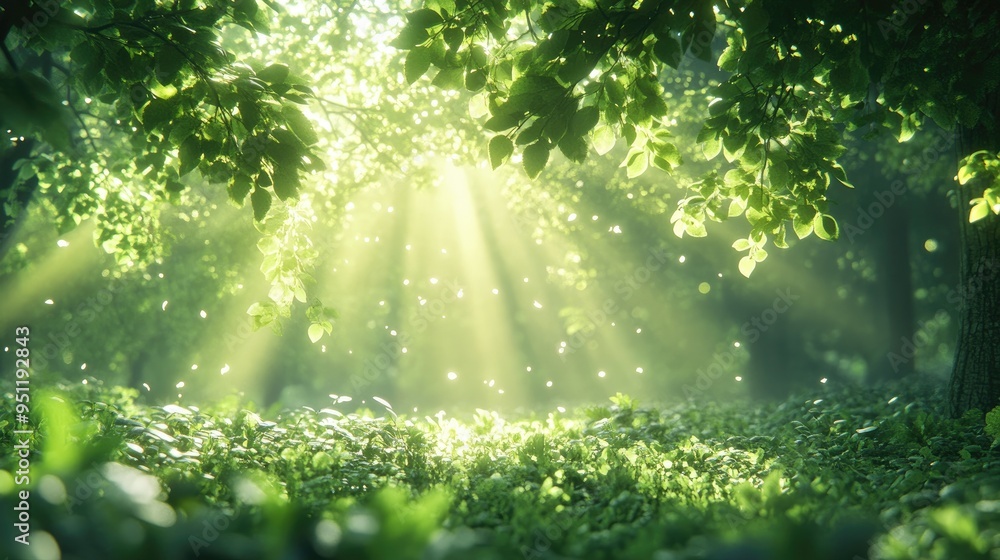Poster a grove of trees covered in fresh spring foliage, with sunlight streaming through the leaves, creati