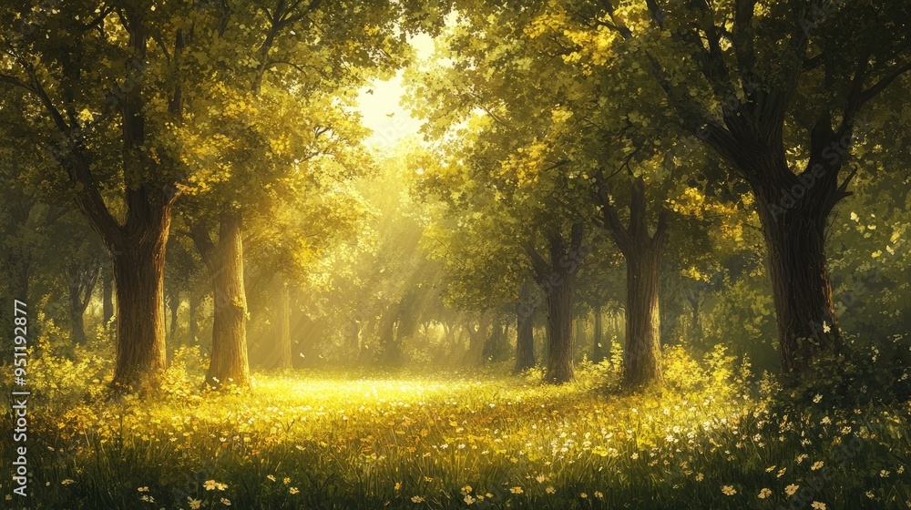 Poster a grove of trees covered in fresh spring foliage, with sunlight streaming through the leaves, creati