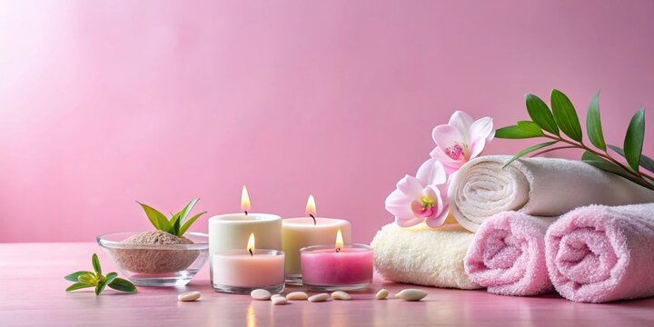 Beautiful and concise spa composition on pink background, relaxation, spa, wellness, beauty, relaxation, calm, peaceful
