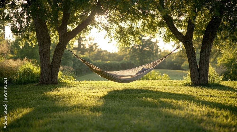Poster a hammock strung between two trees on a grassy lawn, gently swaying in the summer breeze, offering a