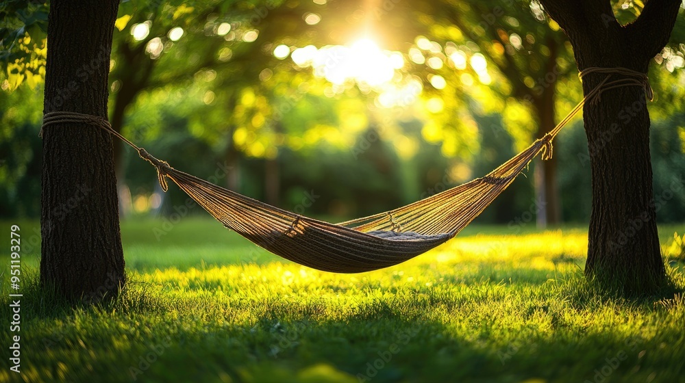 Poster A hammock strung between two trees on a grassy lawn, gently swaying in the summer breeze, offering a tranquil and relaxing scene with space for text.