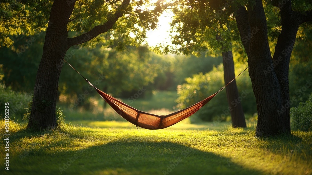 Poster A hammock strung between two trees on a grassy lawn, gently swaying in the summer breeze, offering a tranquil and relaxing scene with space for text.