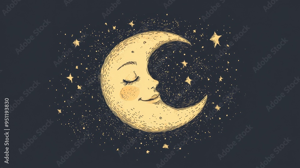 Poster a hand drawn moon with a friendly face, sketched in a whimsical style on a plain background, offerin