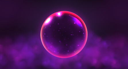 Crystal magic ball, mystic prophecy orb, oracle sphere with smoke cloud and sparkling stars. Fantasy vector illustration.