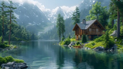 Fototapeta premium Serene Lakeside Cabin Nestled in Lush Mountain Greenery,Tranquil Nature Retreat