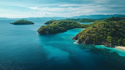 Serene image of tropical islands with a breathtaking ocean view, captured with a DJI Mavic 3 drone and a 24mm lens. The scene conveys a peaceful vacation atmosphere and natural beauty.