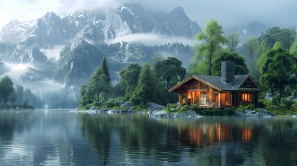 Serene Lakeside Cabin Nestled in the Misty Mountain Landscape