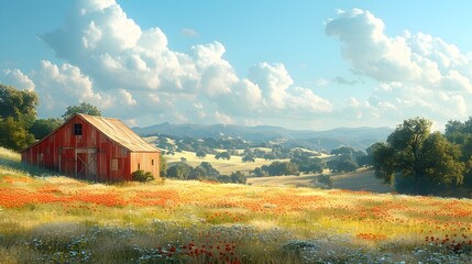Obraz premium Rustic Wooden Barn in Picturesque Countryside Setting with Rolling Hills and Blue Skies