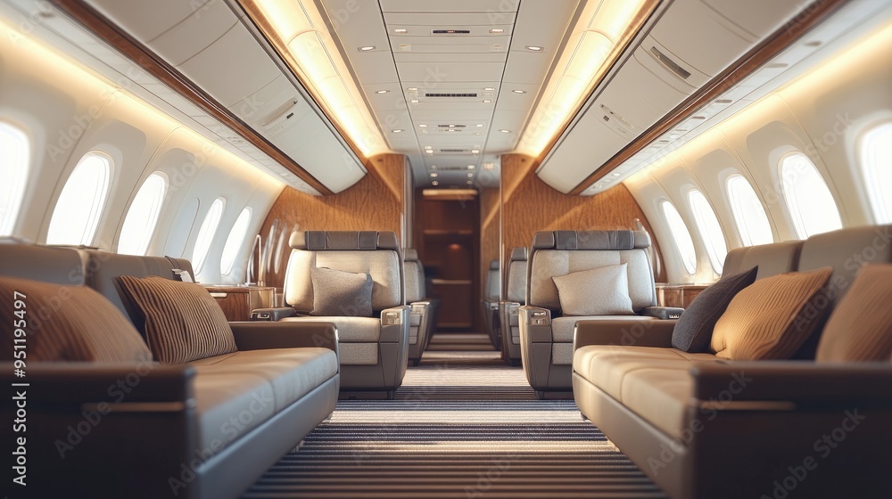 Poster a high end airplane cabin with elegant design and sophisticated features, perfect for upscale travel