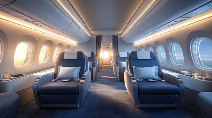 A high end airplane cabin with comfortable recliners, and panoramic windows. Spacious scene with room for copy.