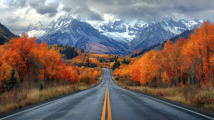 Scenic road with a dramatic mountain backdrop,wide angle view, rich colors, breathtaking vista