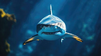 Obraz premium A high resolution shot of a shark swimming majestically in the deep ocean, with the water creating a striking, clear blue backdrop.