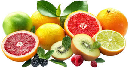Naklejka premium Fresh Fruits Mix Healthy Diet Vitamin C Exotic Tropical Citrus Orange Grapefruit Kiwi Lime Green Apple Berries Mint Leaves