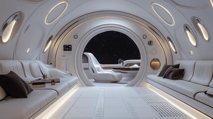 Fototapeta premium A high tech space shuttle with a luxury interior, showcasing the comfort and style of space tourism. Clear space for promotional text.