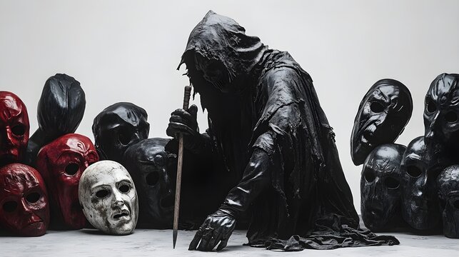 Dark and cursed vampire hunter, broken stake in hand, surrounded by sinister Halloween masks, hyper-realistic rendering, isolated on white background