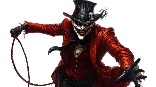 Dark ringmaster with a twisted whip and Halloween masks, evil grin, detailed vector art, nightmare circus concept, isolated on white background