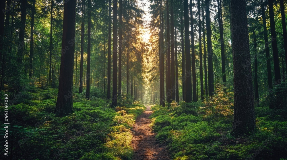 Poster a hikers view from within a pine forest, with tall trees stretching up towards the sky and a path wi