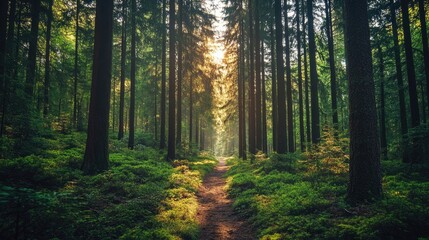 Fototapeta premium A hikers view from within a pine forest, with tall trees stretching up towards the sky and a path winding through the undergrowth.