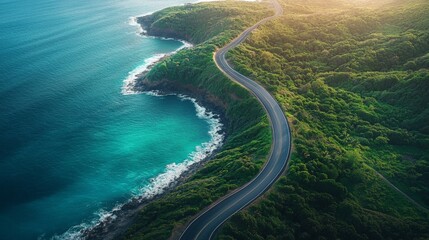 Scenic road with a view of the ocean, aerial view, soft blues, wide-angle, peaceful horizon