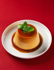 Caramel custard pudding with mint on red background