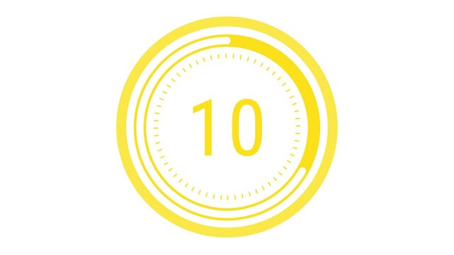15-second vibrant lemon yellow countdown with a rotating dashed inner ring, a pulsating outer circle, and a decreasing time gauge on a white background. 4K Motion Graphics. Fresh fruit, lemon concept