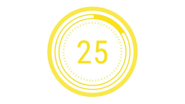 30-second vibrant lemon yellow countdown with a rotating dashed inner ring, a pulsating outer circle, and a decreasing time gauge on a white background. 4K Motion Graphics. Fresh fruit, lemon concept