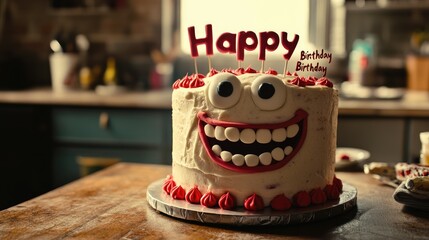 A humorous birthday cake with a silly face and "Happy Birthday" text in a playful font. Copy space available.